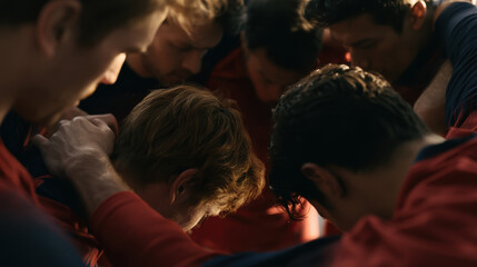 Fototapeta premium United team of men huddling for motivation and focus before sports match, demonstrating teamwork and connection