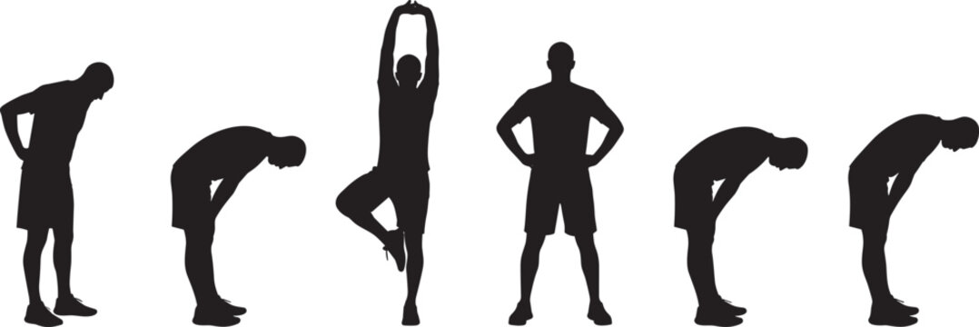 Athlete Stretching and Warm Up Exercise Silhouettes Isolated on Light Background for Fitness Training Concept