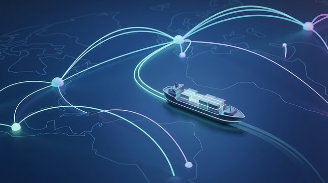 Global logistics and shipping network visualization with a cargo ship moving across a digital map connected by glowing data communication lines