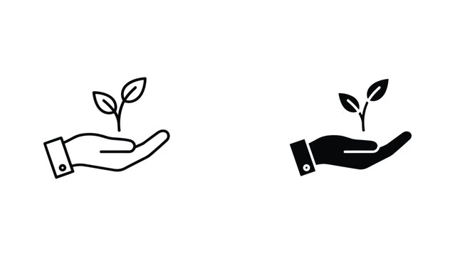 Hand holding a small plant with leaves vector icon set