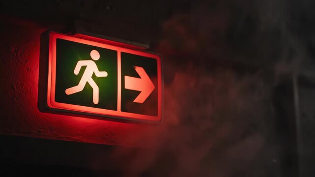 Illuminated emergency exit sign with smoke drifting in red light. Green running man symbol and arrow pointing right on a dark wall. Fire alarm and evacuation safety concept