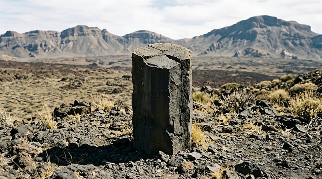 A solitary weathered basalt column fragment stands tall in a barren volcanic landscape under a cloudy sky