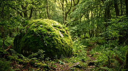 Obraz premium Large moss-covered boulder beside a forest path in lush green woodland