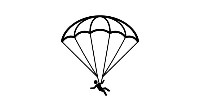 Simple line drawing of a person parachuting through the sky