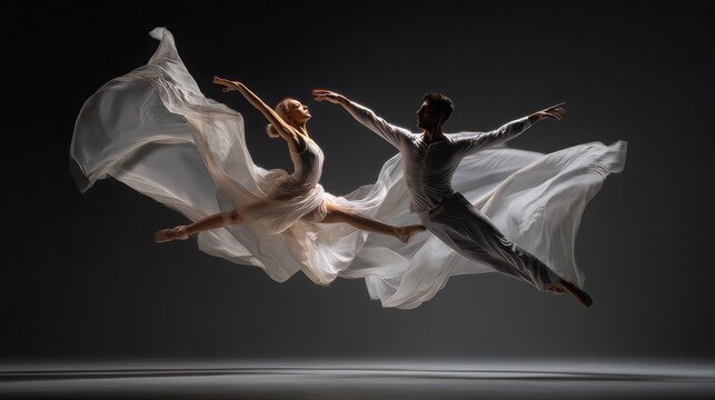 Dancers in silhouette against a dark background, one figure in black, one in white, ballet dancer, man and woman dancing