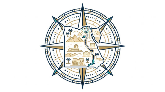 Egypt map with compass and landmarks illustration.