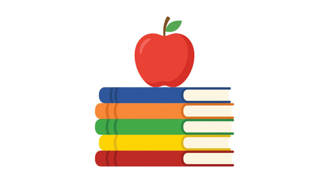 Stack of four colorful books with a red apple.