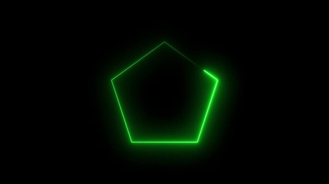 Neon green glowing pentagon shape loading animation on black background, geometric.