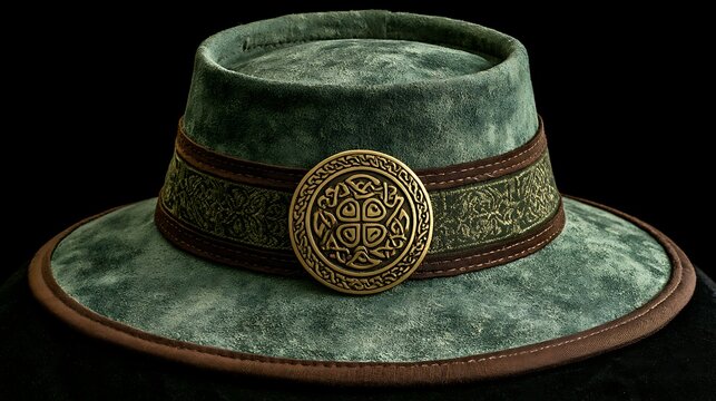 Green suede fantasy hat with celtic metal emblem