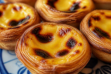 Fototapeta premium Portuguese custard tarts arranged on patterned plate close up