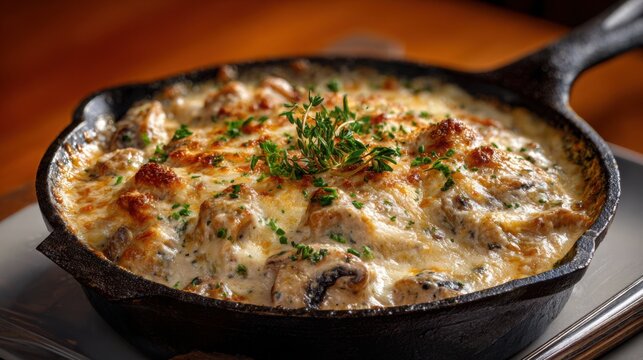 Elegant creamy chicken and mushroom julienne bubbling in small cast iron skillet, golden melted cheese crust, fine dining presentation, warm