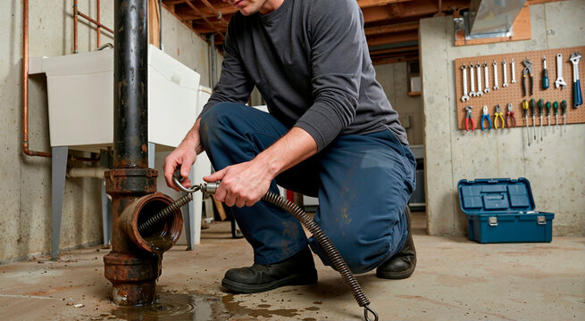 Plumber using metal drain snake to clear clogged cast iron pipe. Dirty water spilling onto basement floor from open cleanout. Professional plumbing repair and maintenance service