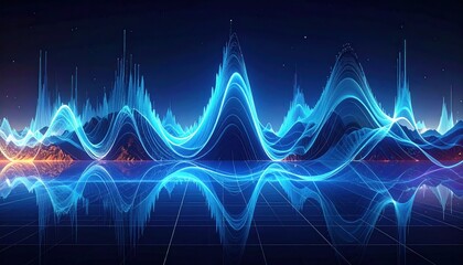 Naklejka premium Abstract Blue Sound Waveform with Light Particles and Reflection