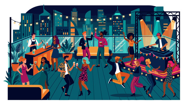 Vibrant rooftop party with DJ and dancing crowd