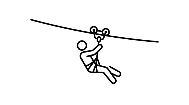 Stick figure zip line adventure with roller pulley and safety harness