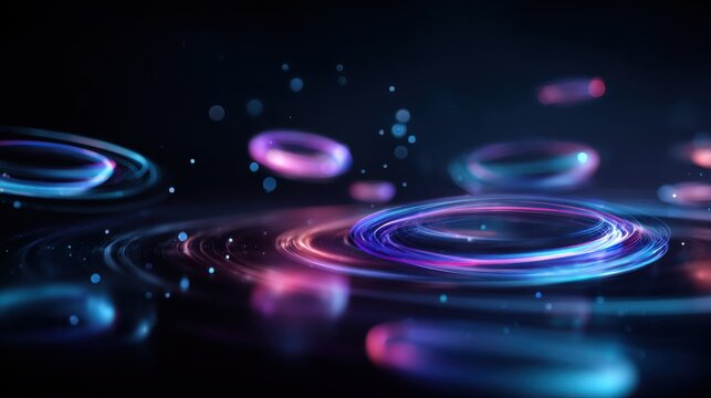 Floating holographic rings and circular interfaces suspended in dark space, vibrant blue and violet illumination, premium high tech presentation