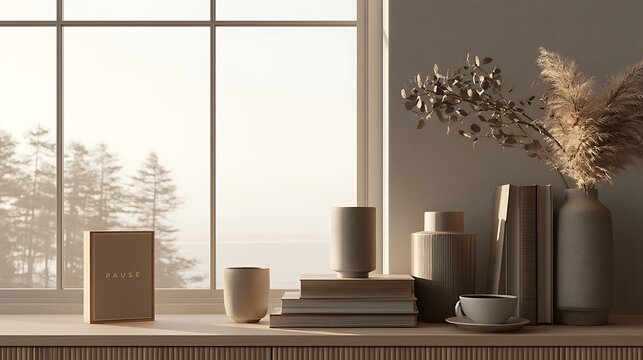Minimalist interior with coffee cup and books on window sill
