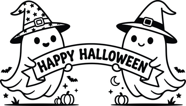 Cute ghosts wearing witch hats holding a happy halloween banner