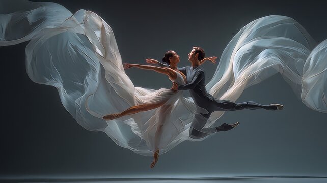 Dancers in silhouette against a dark background, one figure in black, one in white, ballet dancer, man and woman dancing