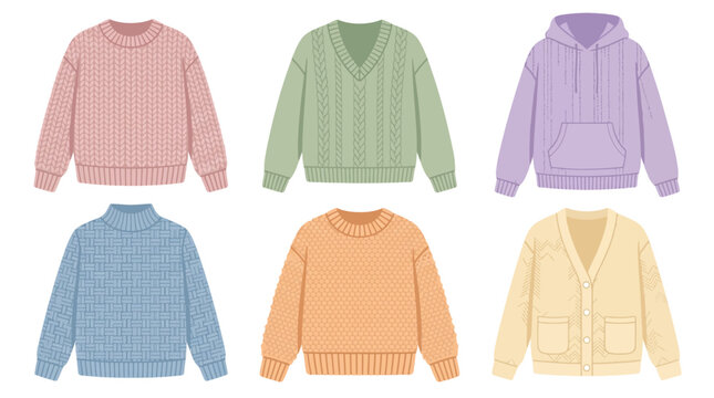 Six colorful knitted winter sweater icons on white background.