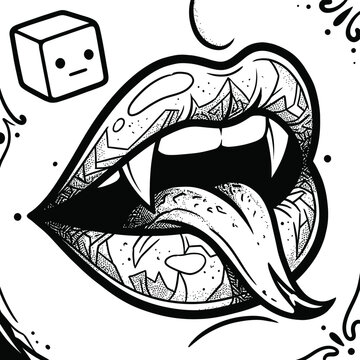 Vampire lips with fangs and tongue in a detailed black and white style