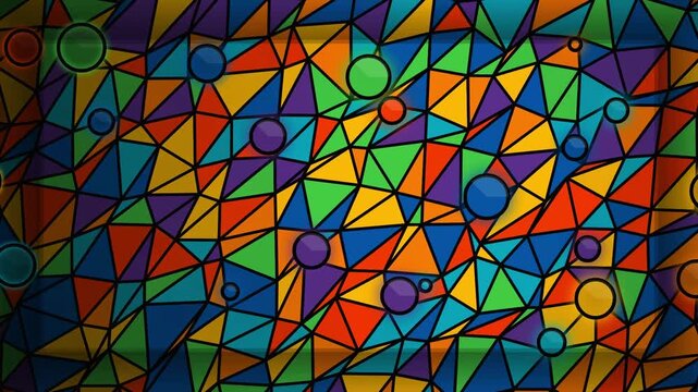 Abstract stained glass animation with moving colorful geometric triangles and floating circles