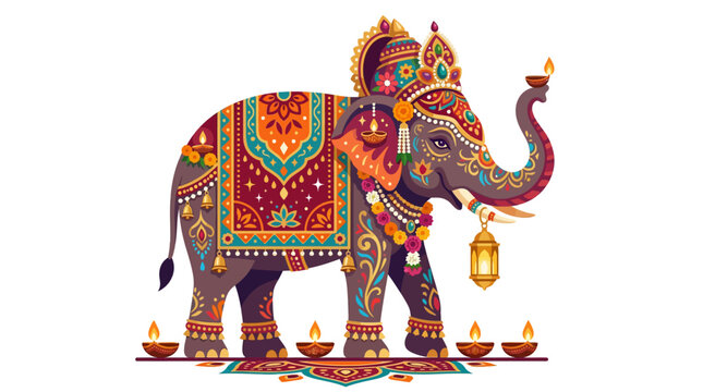 Ornately decorated Indian elephant carrying a traditional hanging lantern.