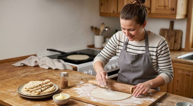 Woman rolling out dough for traditional Lefse in a rustic kitchen. Scandinavian baking
