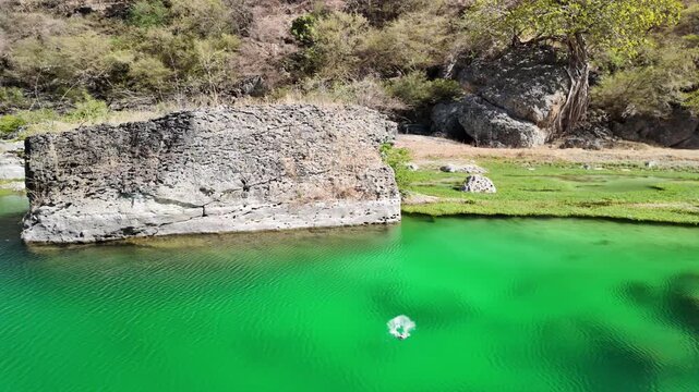 Wadi Darbat natural park, located in Taqah, Dhofar, Oman, features clear turquoise water flowing through a tranquil valley surrounded by lush green under a bright blue sky slow motion of rock falling