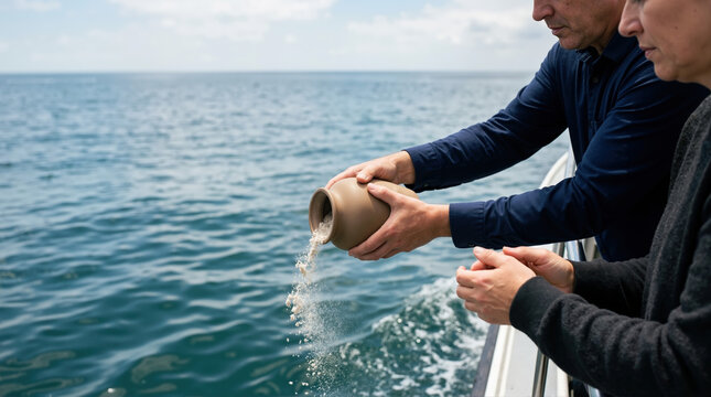 Couple scattering cremation ashes into the ocean from a boat. Man pouring remains from a brown ceramic urn during a maritime memorial service. Solemn farewell and burial at sea ceremony