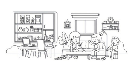 Obraz premium Children playing in a cozy living room coloring page
