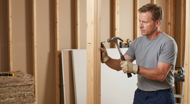 Man hammering a nail into a wooden stud. Home renovation and construction work. DIY building project concept
