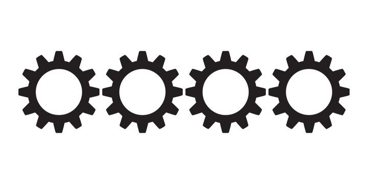 Four black gear in a row on a white background cogwheel mechanical industry engineering