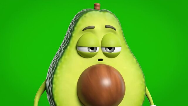 Animated avocado character expressing surprise and confusion against a vibrant green backdrop