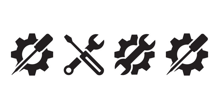 Four black tool on white background tools gears wrench