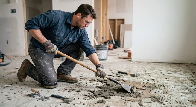 Builder removing old tile adhesive from concrete subfloor with a scraper. Male contractor in safety glasses preparing floor during home renovation. Interior remodeling and repair work