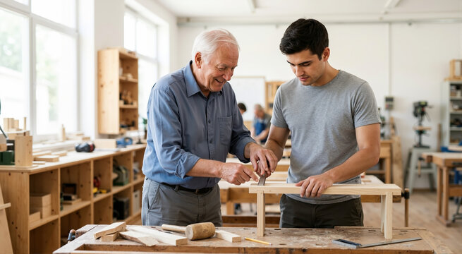 Elderly carpenter teaching a young man woodworking. Senior mentor guiding an apprentice with a chisel in a workshop. Skill sharing and generation concept