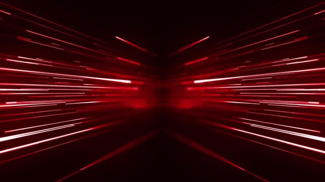 Bright Radial Light Beams. Abstract Background In Red Neon Glow Color. Light Burst In Universe. Space Background For Digital Red Motion Lines & Circles Background For Tech Presentations