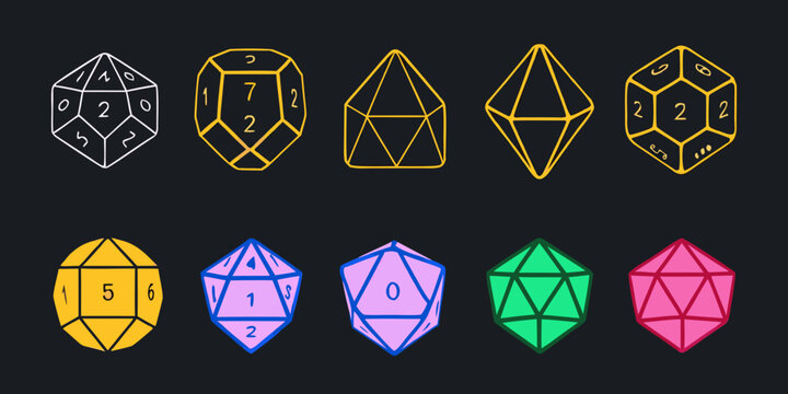 Isometric polyhedral dice collection colorful vector illustration on dark background