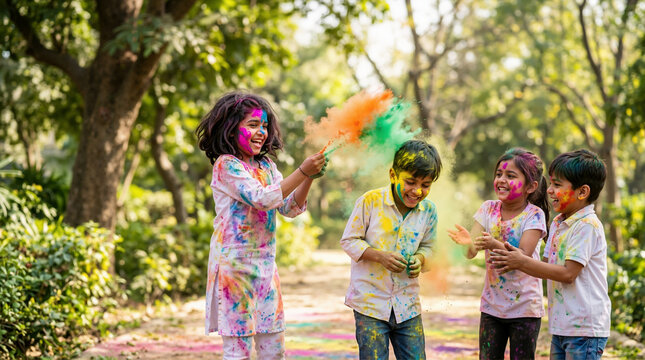 Happy Indian children throwing colorful powder in a park. Kids celebrating Holi festival of colors outdoors