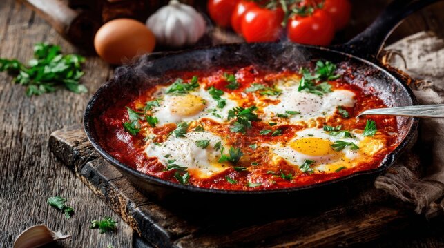 Vibrant shakshuka cooked in rustic skillet, perfectly poached eggs in rich tomato sauce, fresh herbs scattered on top, colorful gourmet presentation