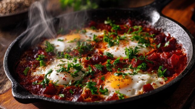 Vibrant shakshuka cooked in rustic skillet, perfectly poached eggs in rich tomato sauce, fresh herbs scattered on top, colorful gourmet presentation