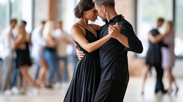 Anonymous male dance instructor demonstrating Argentine tango technique with a female partner to a watching group of students, professional dance coaching concept, faceless,