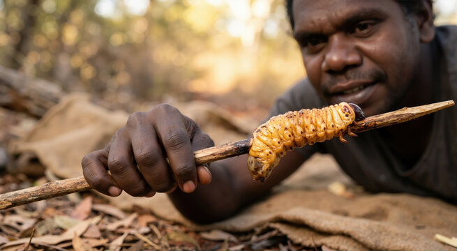 Indigenous Australian man holding a cooked witchetty grub on a wooden skewer. Traditional edible insect bush tucker in the outback