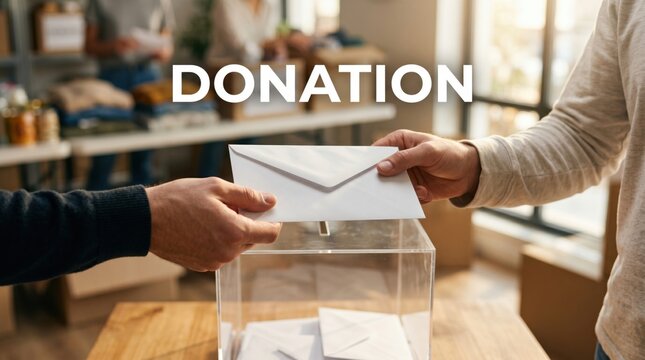 Donation envelope being handed to a recipient near a transparent collection box, symbolizing charitable giving, fundraising, philanthropy, community support and social responsibility