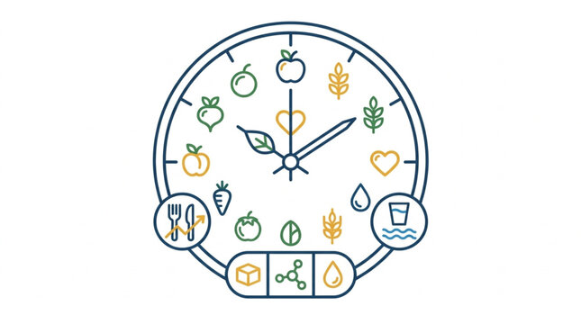 Healthy Eating Clock with Food Icons and Time Symbols.