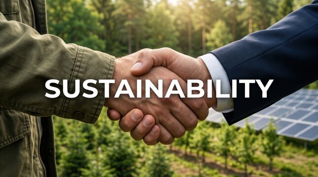 Handshake between environmental and business representatives near solar panels and forest, symbolizing sustainability, renewable energy cooperation and green development