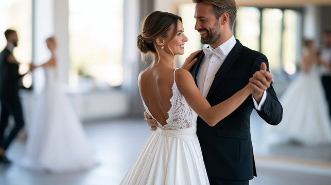Anonymous dance instructor guiding a newlywed couple through their first dance rehearsal in a mirrored studio, showing exact lead position and footwork, faceless, defocused, with