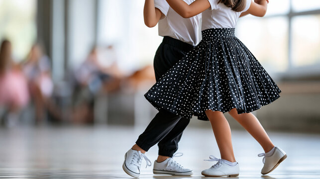 Anonymous children couple dancing ballroom in a class setting, youth partner dance and beginner education concept, faceless, defocused studio background, with copy space