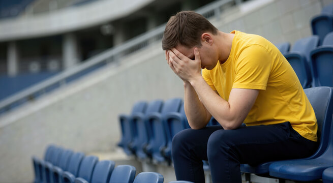 Devastated soccer fan sitting alone in stadium. Sad supporter after sports defeat